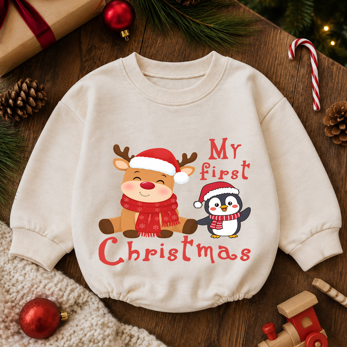 My First Christmas Reindeer Penguin Baby Romper, Cute Baby Holiday Romper, First Christmas Outfit, Xmas Keepsake Gift — product view 6