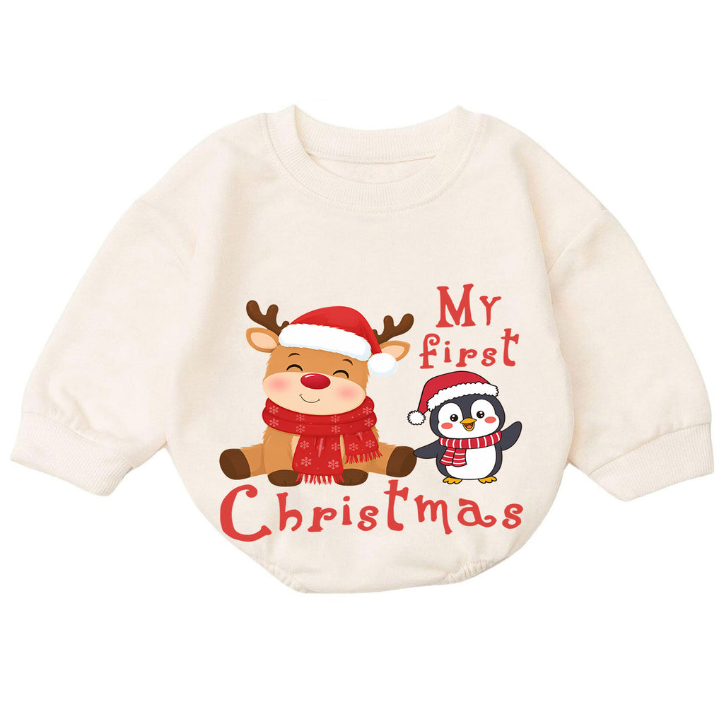 My First Christmas Reindeer Penguin Baby Romper, Cute Baby Holiday Romper, First Christmas Outfit, Xmas Keepsake Gift — product view 7