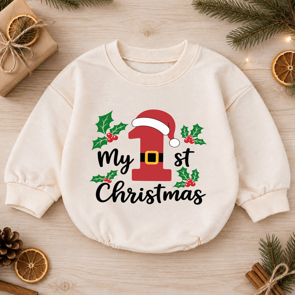 My 1st Christmas Santa Number One Baby Romper, First Christmas Outfit, Baby Holiday Romper, Xmas Milestone Gift — product view 1