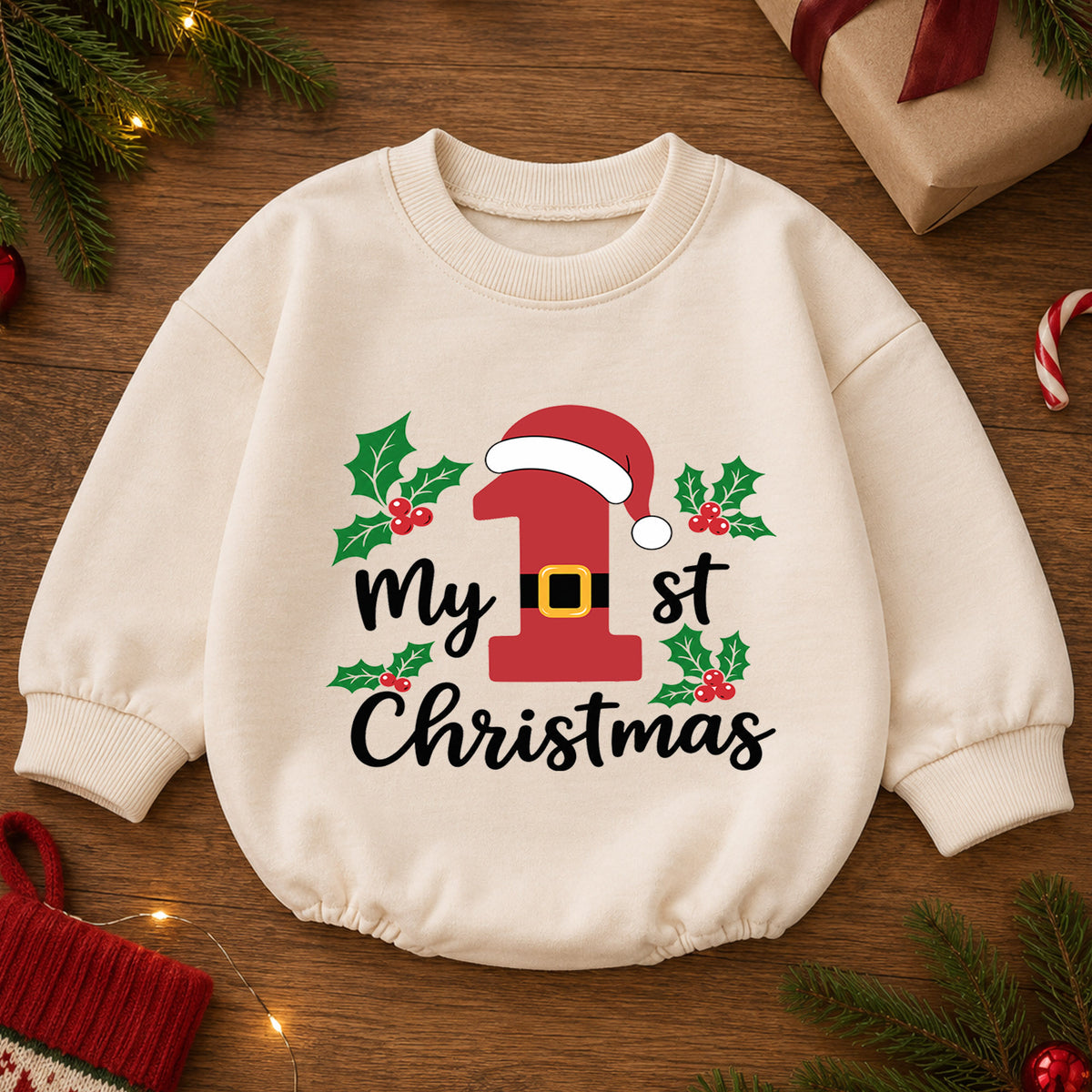 My 1st Christmas Santa Number One Baby Romper, First Christmas Outfit, Baby Holiday Romper, Xmas Milestone Gift — product view 2