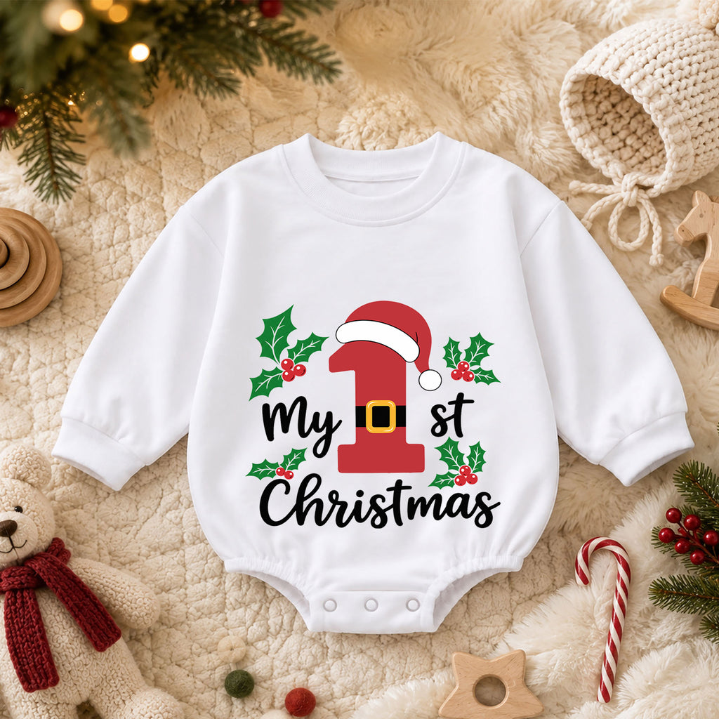 My 1st Christmas Santa Number One Baby Romper, First Christmas Outfit, Baby Holiday Romper, Xmas Milestone Gift — product view 3