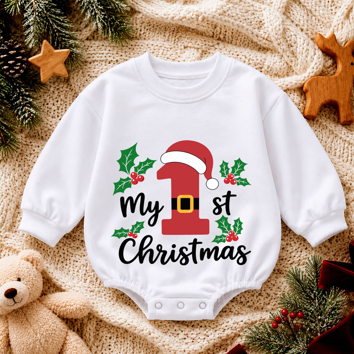 My 1st Christmas Santa Number One Baby Romper, First Christmas Outfit, Baby Holiday Romper, Xmas Milestone Gift — product view 4