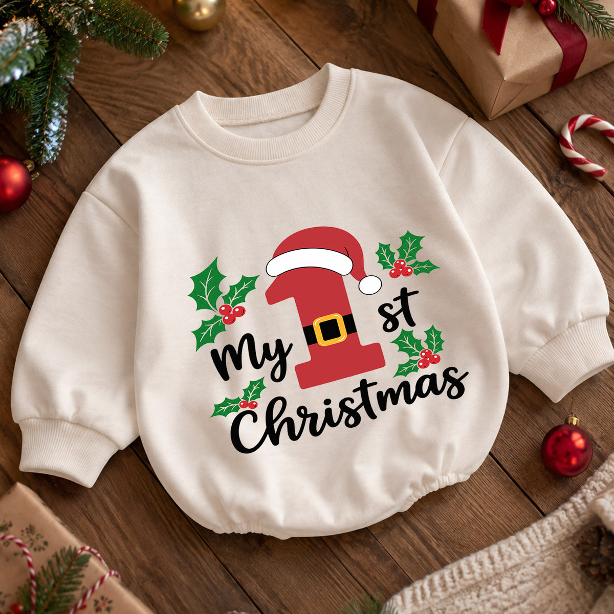 My 1st Christmas Santa Number One Baby Romper, First Christmas Outfit, Baby Holiday Romper, Xmas Milestone Gift — product view 5
