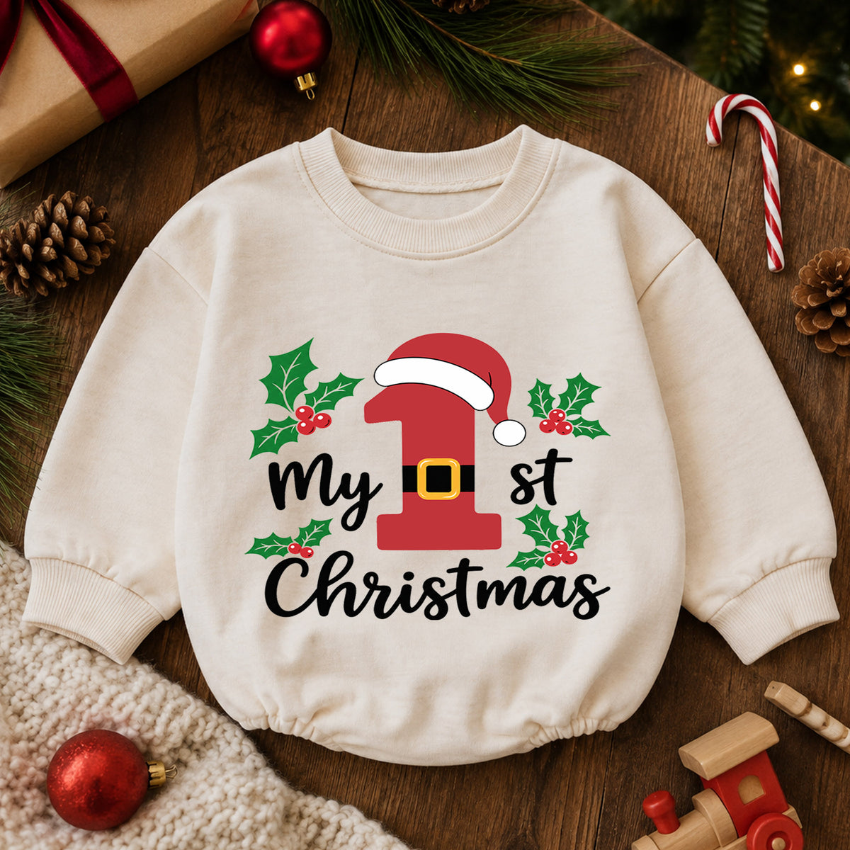 My 1st Christmas Santa Number One Baby Romper, First Christmas Outfit, Baby Holiday Romper, Xmas Milestone Gift — product view 6