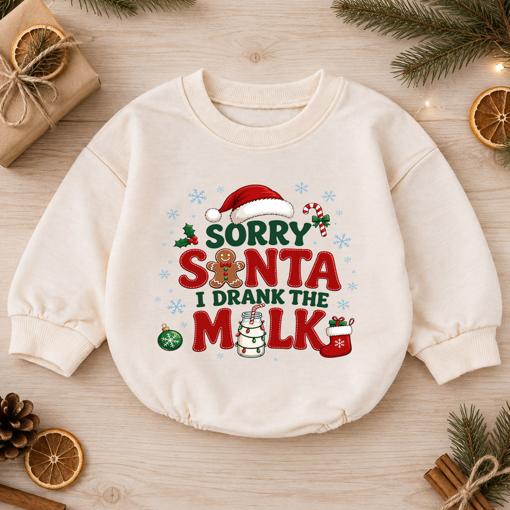 Sorry Santa I Drank the Milk Baby Romper, Funny Baby Christmas Romper, Christmas Eve Outfit, Toddler Holiday Gift — product view 1