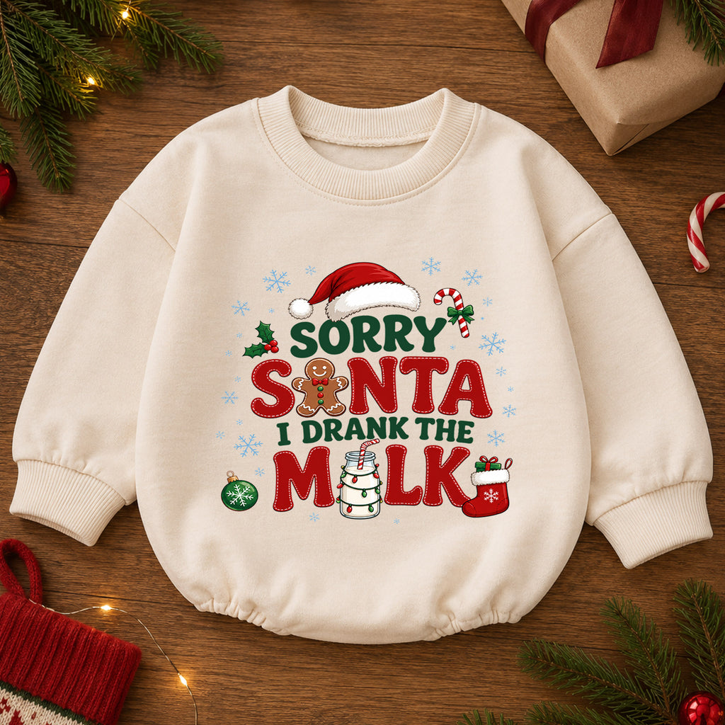 Sorry Santa I Drank the Milk Baby Romper, Funny Baby Christmas Romper, Christmas Eve Outfit, Toddler Holiday Gift — product view 2