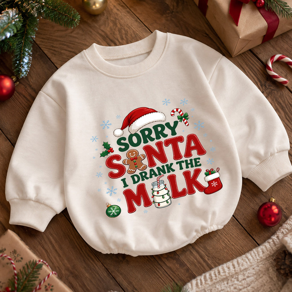 Sorry Santa I Drank the Milk Baby Romper, Funny Baby Christmas Romper, Christmas Eve Outfit, Toddler Holiday Gift — product view 5