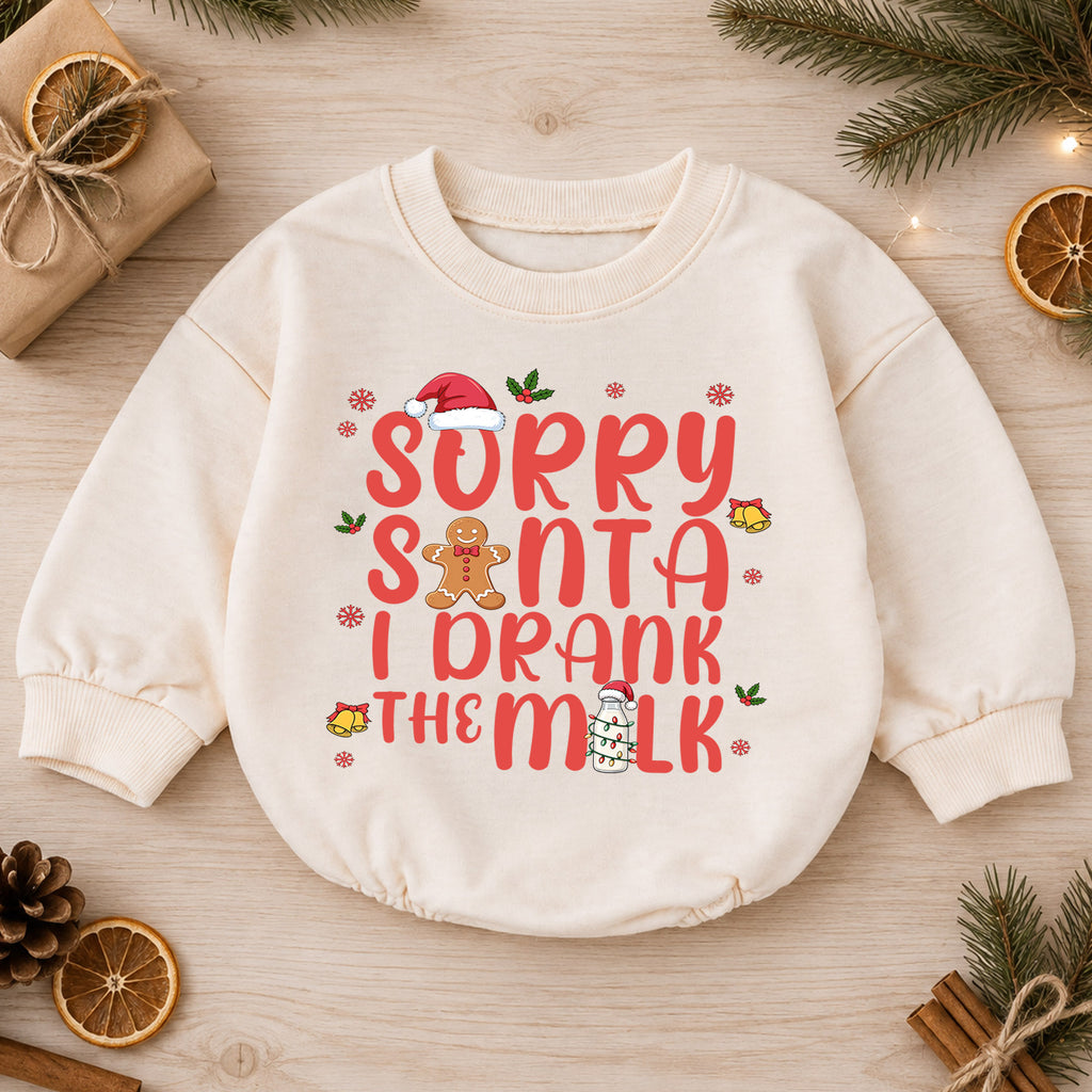 Sorry Santa I Drank the Milk Baby Romper, Funny Christmas Romper, Gingerbread Holiday Romper, Toddler Xmas Outfit Gift — product view 1