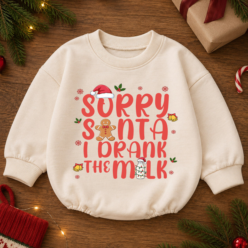Sorry Santa I Drank the Milk Baby Romper, Funny Christmas Romper, Gingerbread Holiday Romper, Toddler Xmas Outfit Gift — product view 2