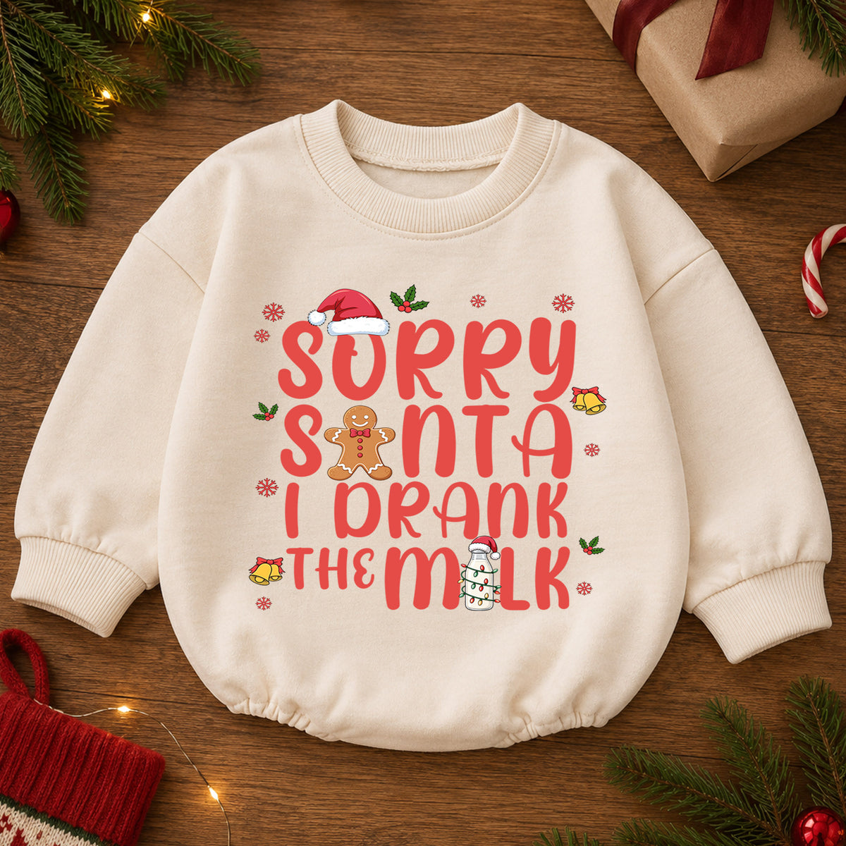 Sorry Santa I Drank the Milk Baby Romper, Funny Christmas Romper, Gingerbread Holiday Romper, Toddler Xmas Outfit Gift — product view 2