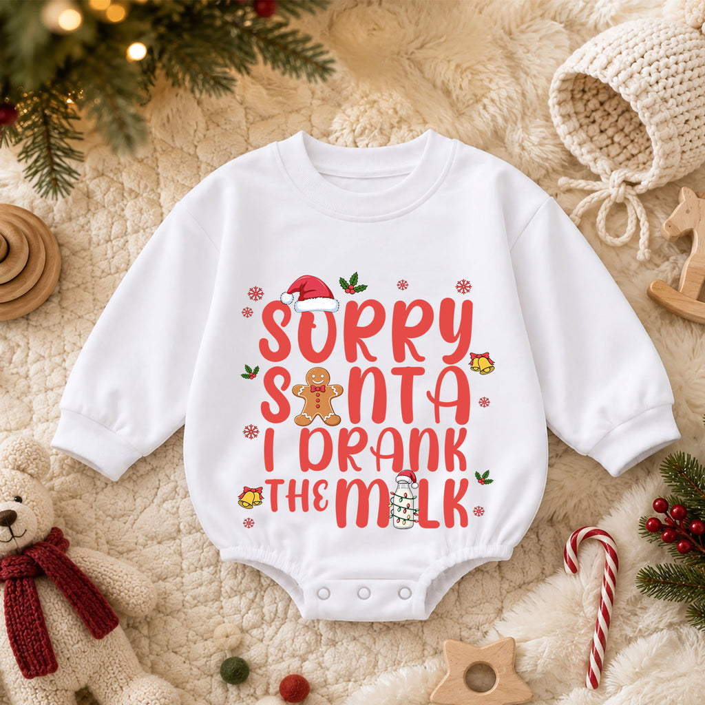Sorry Santa I Drank the Milk Baby Romper, Funny Christmas Romper, Gingerbread Holiday Romper, Toddler Xmas Outfit Gift — product view 3