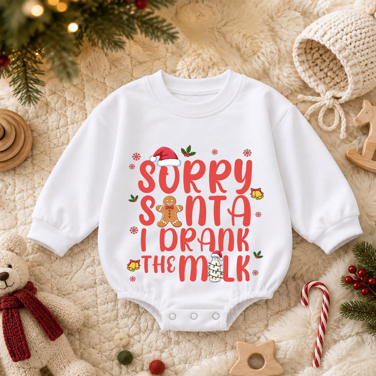 Sorry Santa I Drank the Milk Baby Romper, Funny Christmas Romper, Gingerbread Holiday Romper, Toddler Xmas Outfit Gift — product view 3