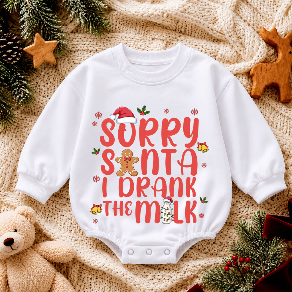 Sorry Santa I Drank the Milk Baby Romper, Funny Christmas Romper, Gingerbread Holiday Romper, Toddler Xmas Outfit Gift — product view 4