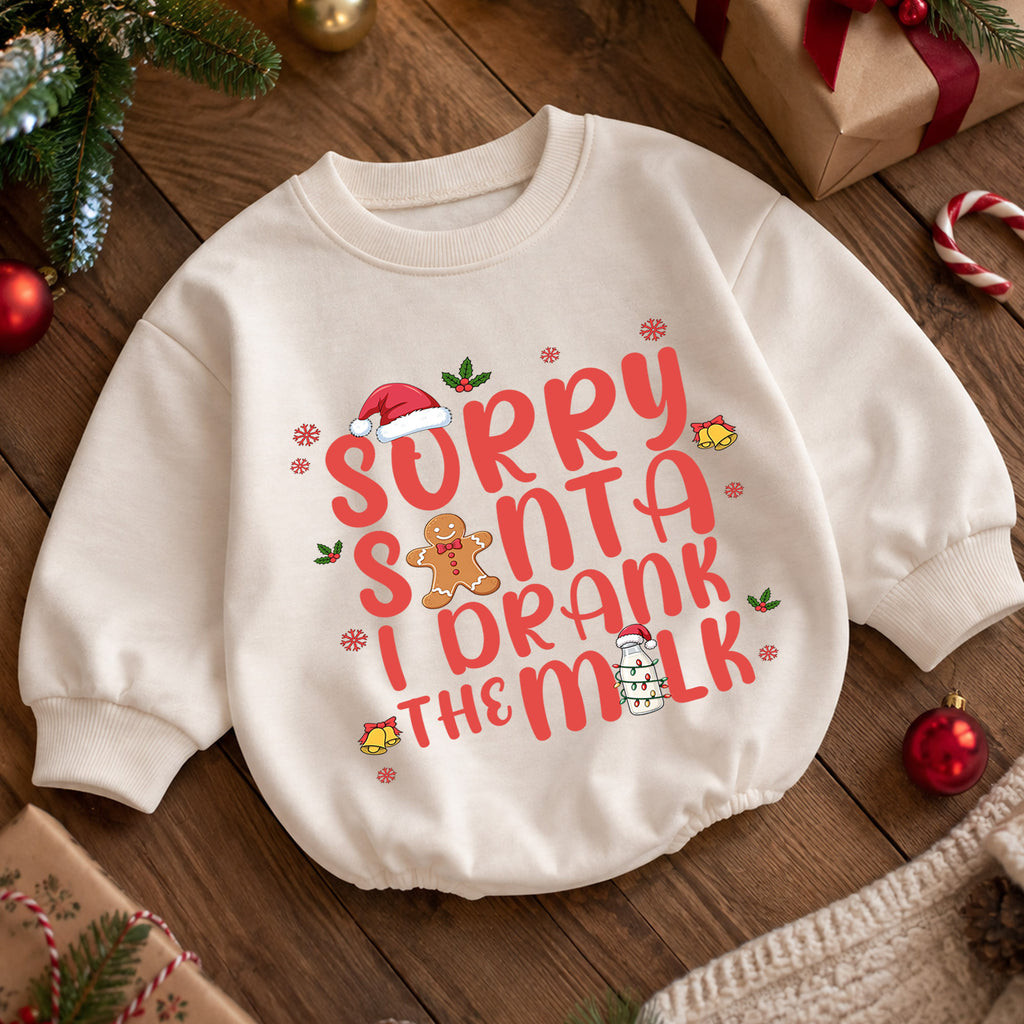 Sorry Santa I Drank the Milk Baby Romper, Funny Christmas Romper, Gingerbread Holiday Romper, Toddler Xmas Outfit Gift — product view 5