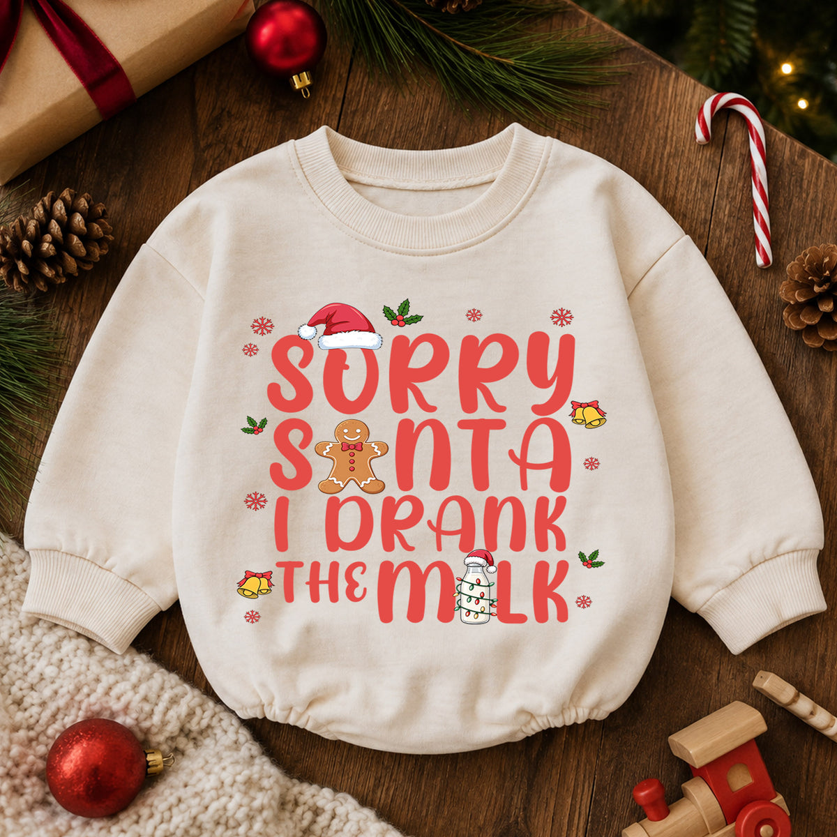 Sorry Santa I Drank the Milk Baby Romper, Funny Christmas Romper, Gingerbread Holiday Romper, Toddler Xmas Outfit Gift — product view 6