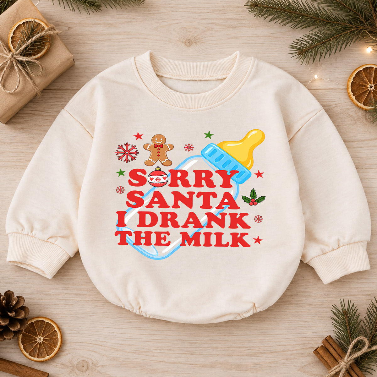 Sorry Santa I Drank the Milk Baby Romper, Baby Bottle Christmas Romper, Funny Baby Xmas Outfit, Christmas Eve Gift — product view 1