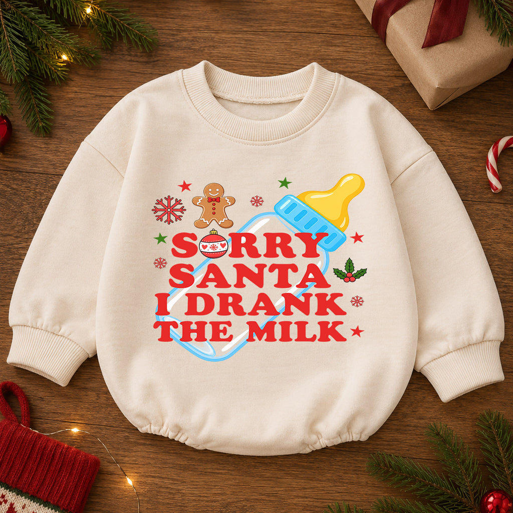 Sorry Santa I Drank the Milk Baby Romper, Baby Bottle Christmas Romper, Funny Baby Xmas Outfit, Christmas Eve Gift — product view 2