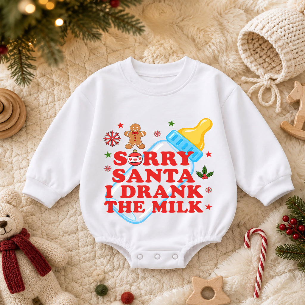 Sorry Santa I Drank the Milk Baby Romper, Baby Bottle Christmas Romper, Funny Baby Xmas Outfit, Christmas Eve Gift — product view 3