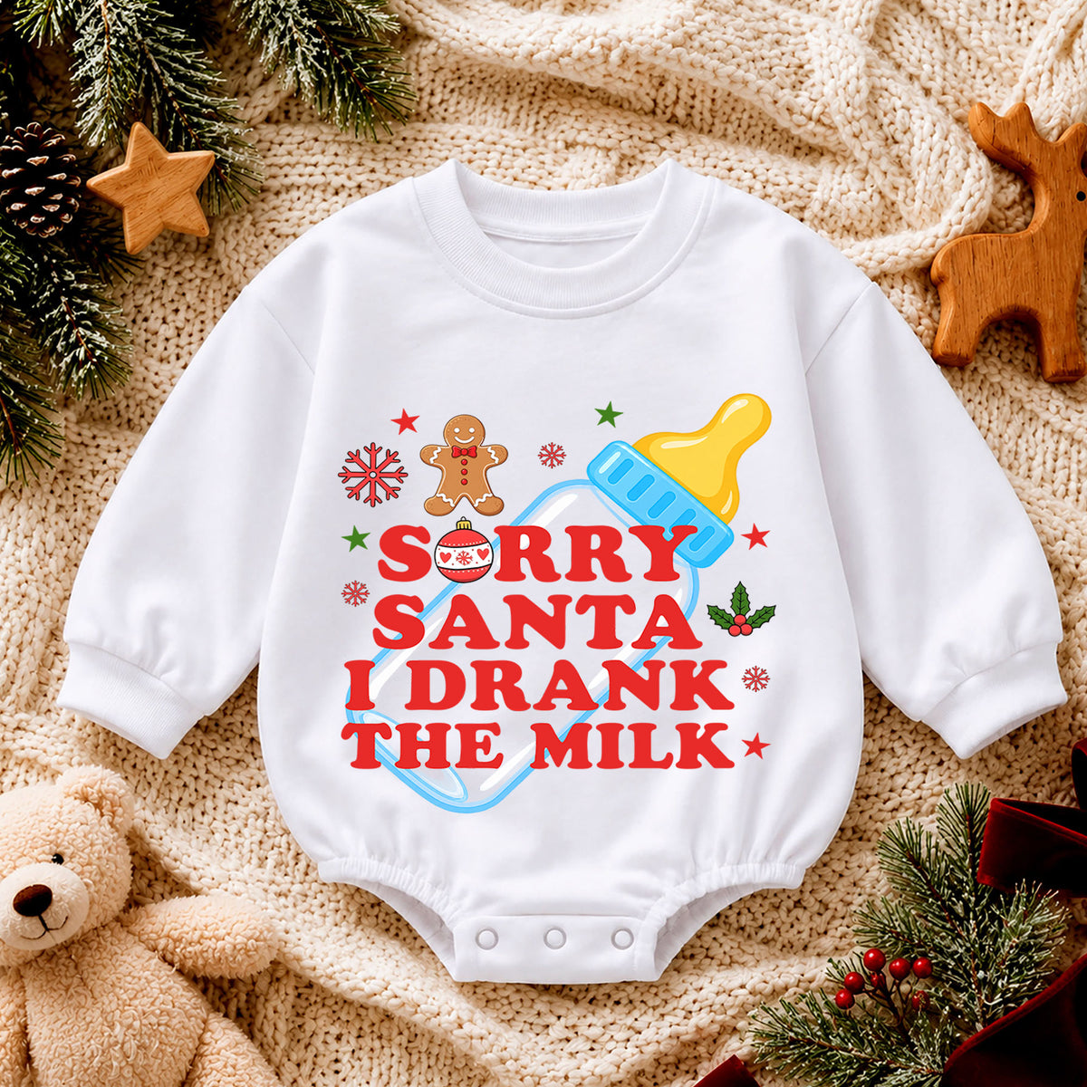 Sorry Santa I Drank the Milk Baby Romper, Baby Bottle Christmas Romper, Funny Baby Xmas Outfit, Christmas Eve Gift — product view 4