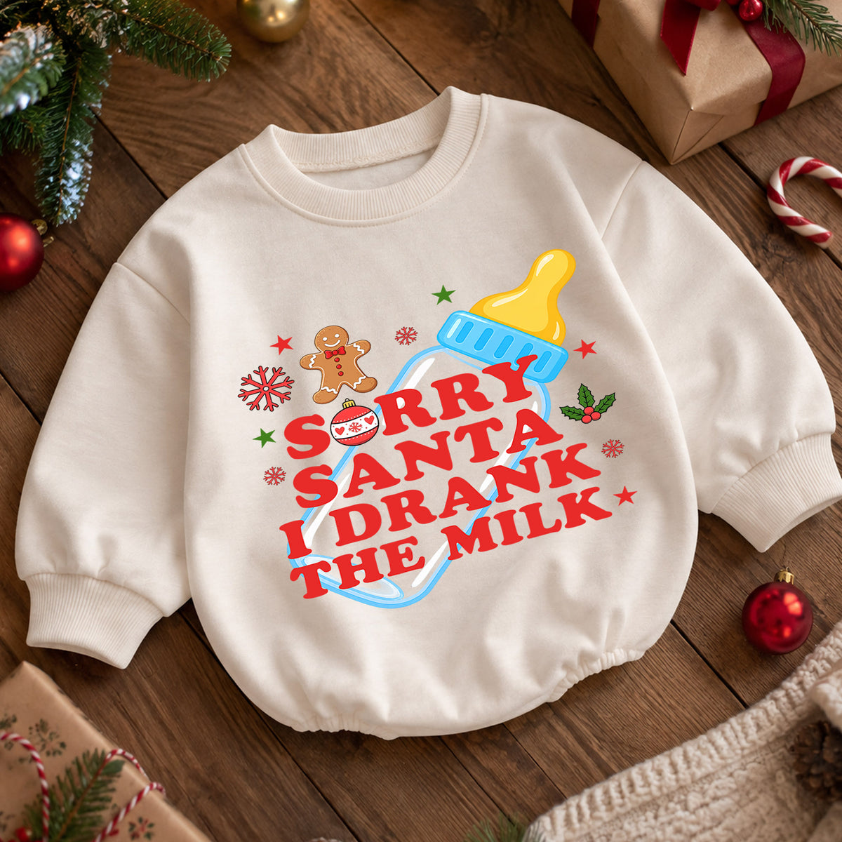 Sorry Santa I Drank the Milk Baby Romper, Baby Bottle Christmas Romper, Funny Baby Xmas Outfit, Christmas Eve Gift — product view 5