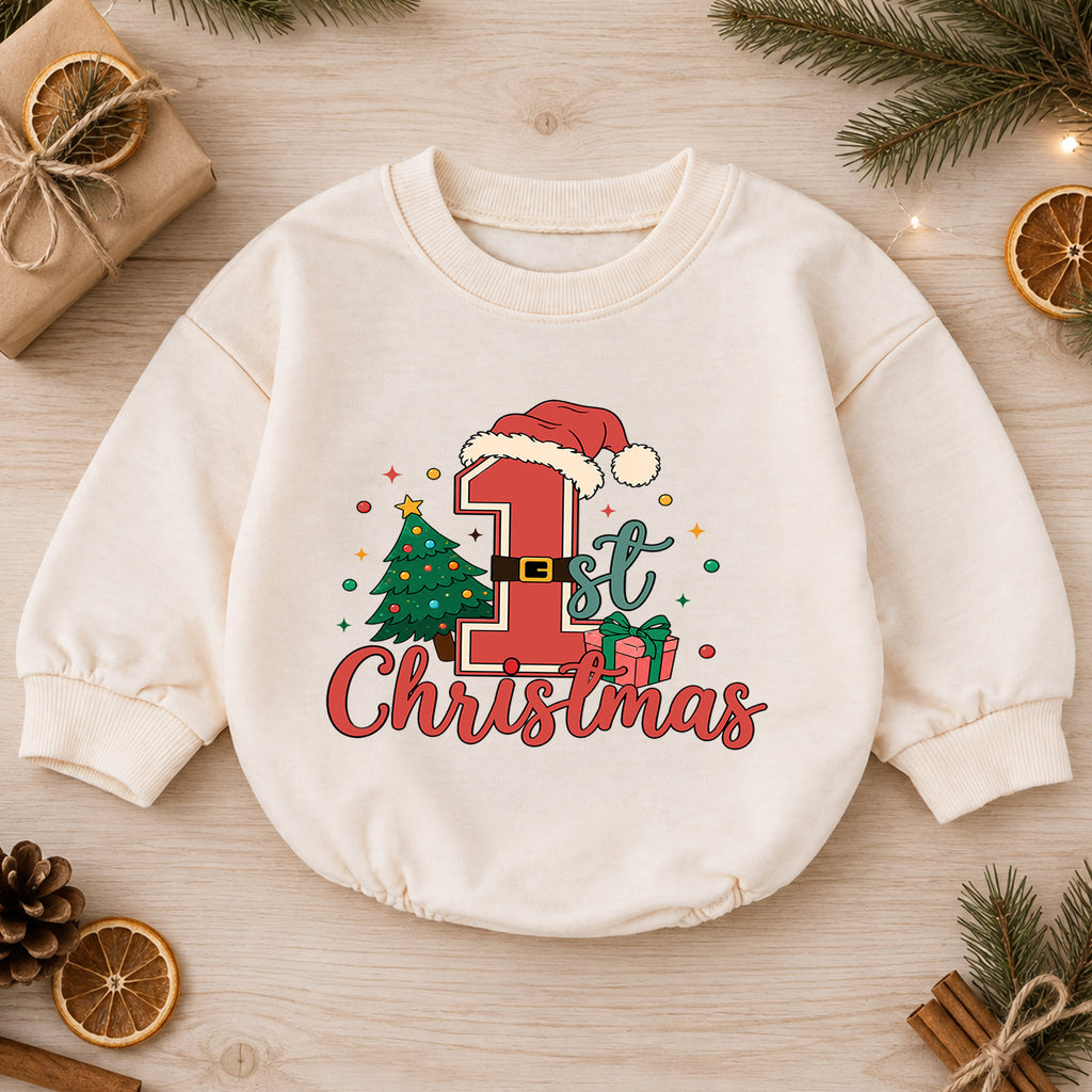 1st Christmas Santa Number One Baby Romper, Baby First Christmas Outfit, Christmas Tree Holiday Romper, Xmas Gift — product view 1