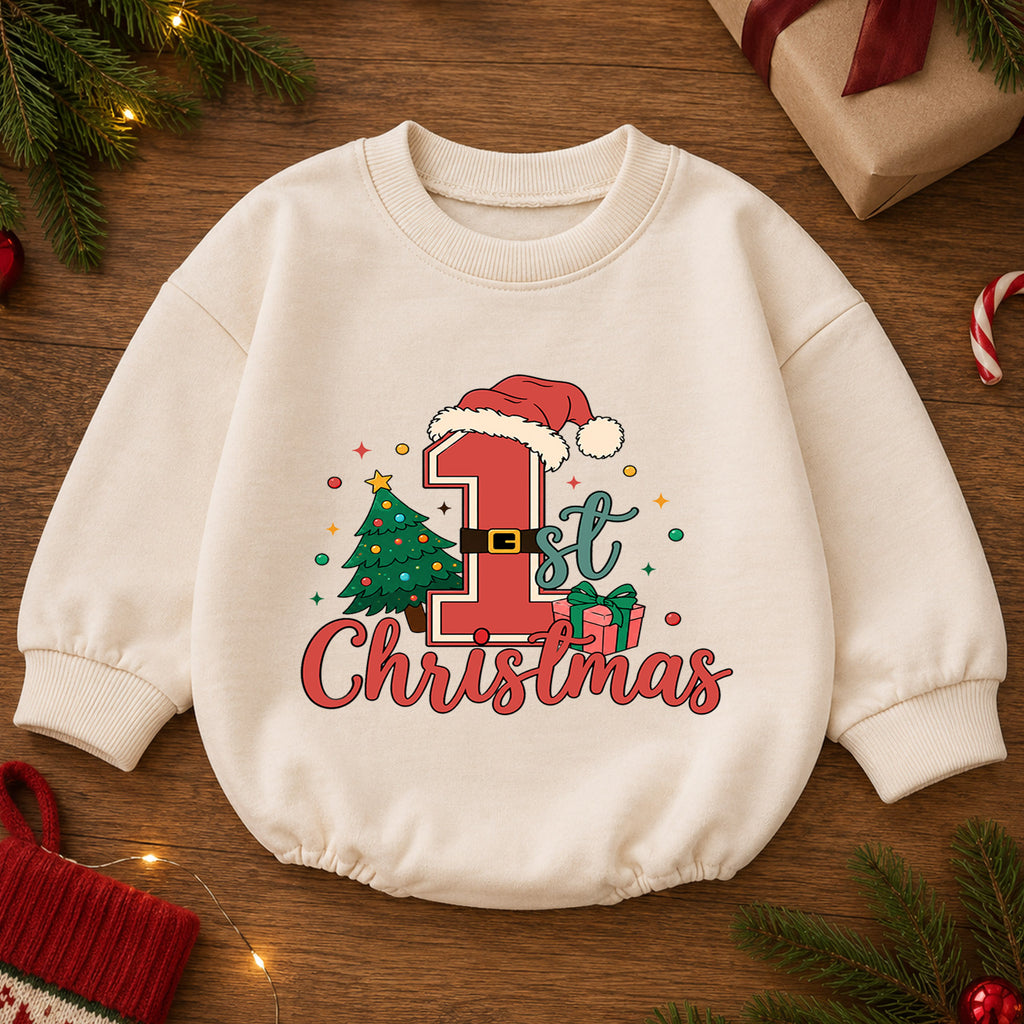 1st Christmas Santa Number One Baby Romper, Baby First Christmas Outfit, Christmas Tree Holiday Romper, Xmas Gift — product view 2