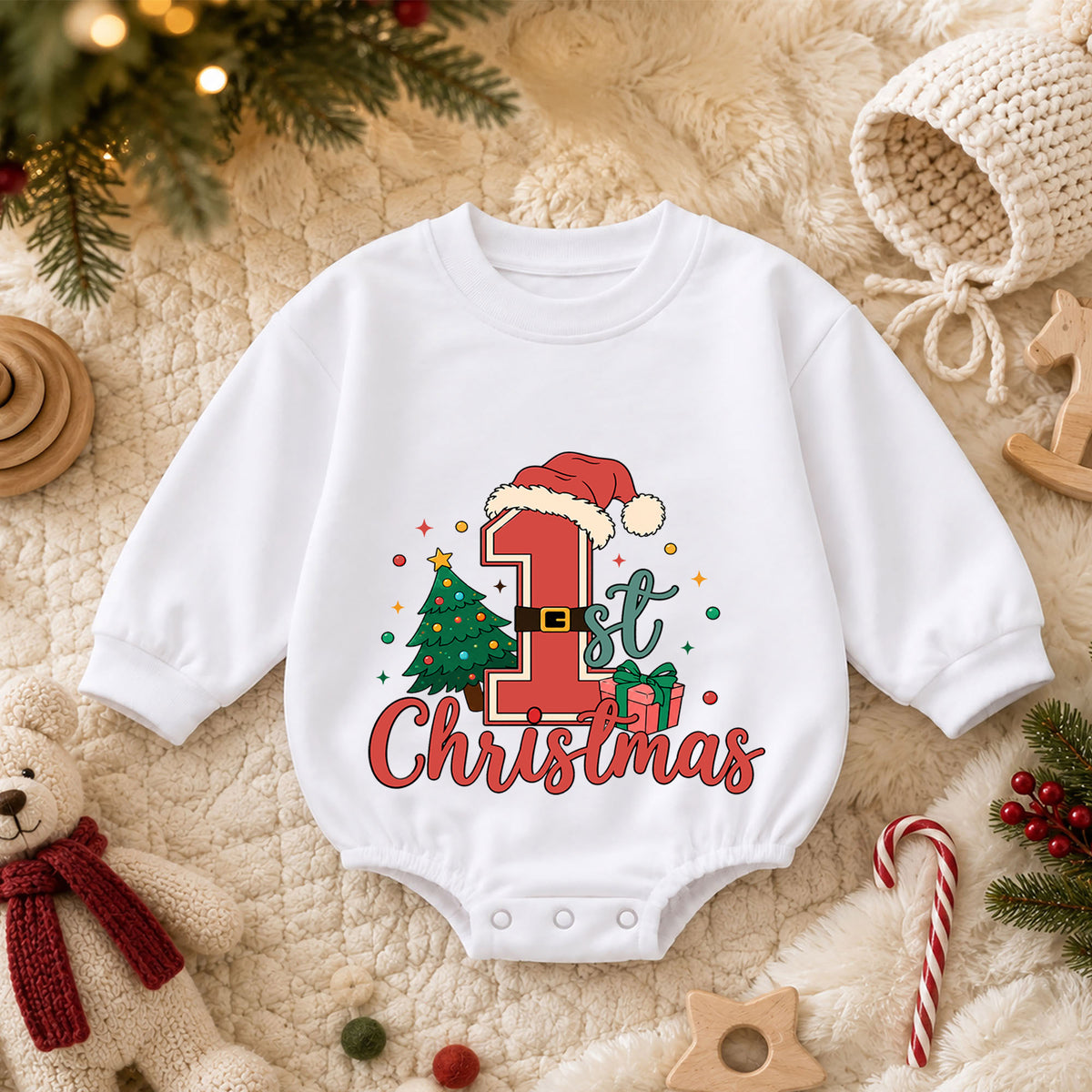 1st Christmas Santa Number One Baby Romper, Baby First Christmas Outfit, Christmas Tree Holiday Romper, Xmas Gift — product view 3