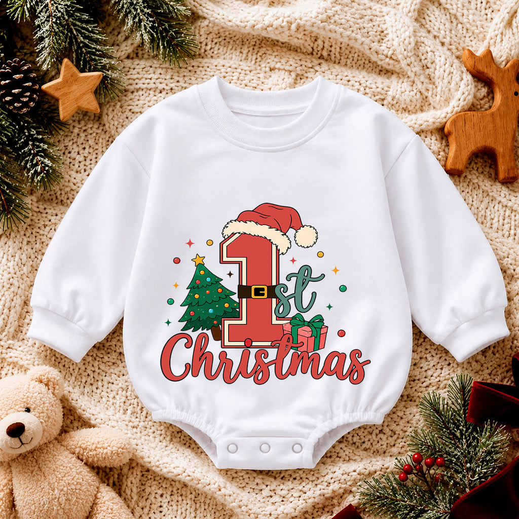 1st Christmas Santa Number One Baby Romper, Baby First Christmas Outfit, Christmas Tree Holiday Romper, Xmas Gift — product view 4