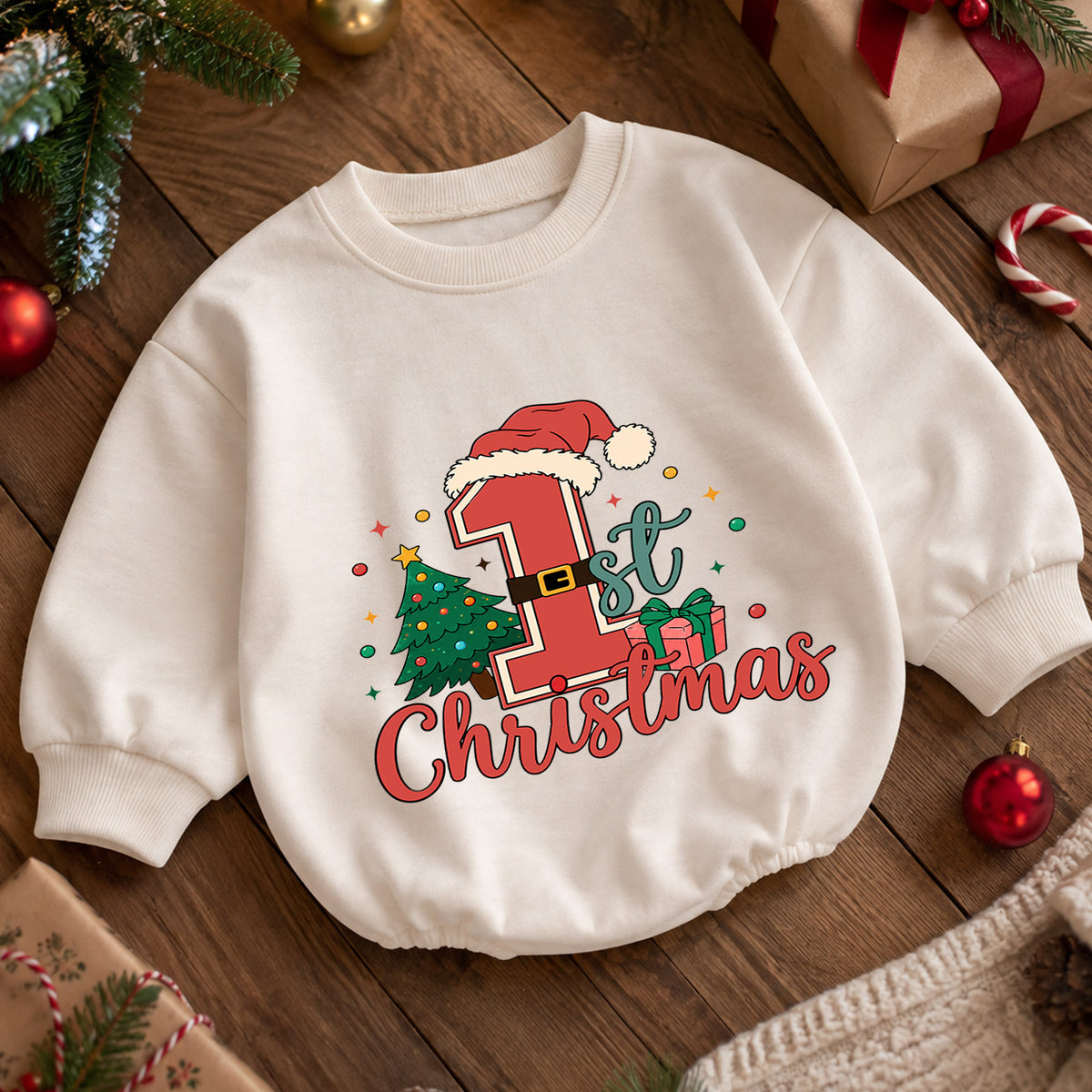 1st Christmas Santa Number One Baby Romper, Baby First Christmas Outfit, Christmas Tree Holiday Romper, Xmas Gift — product view 5