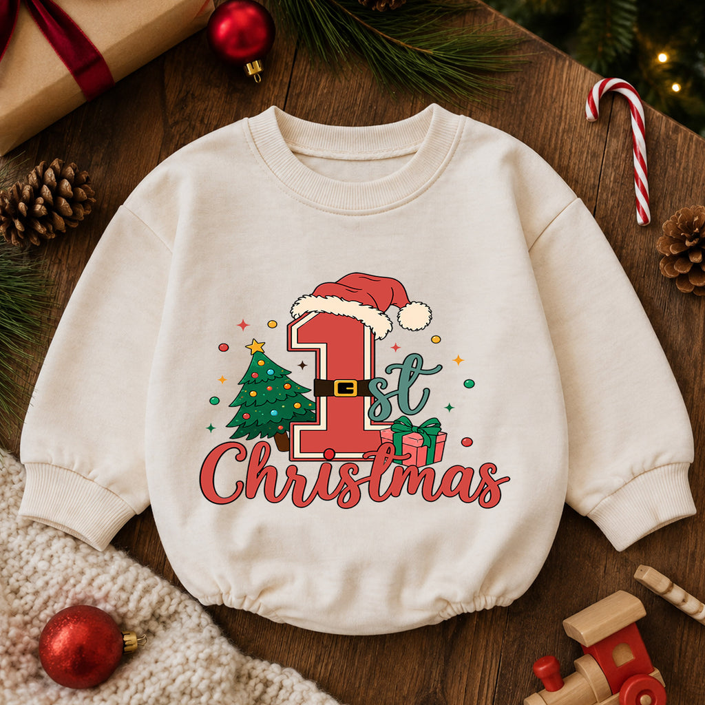 1st Christmas Santa Number One Baby Romper, Baby First Christmas Outfit, Christmas Tree Holiday Romper, Xmas Gift — product view 6