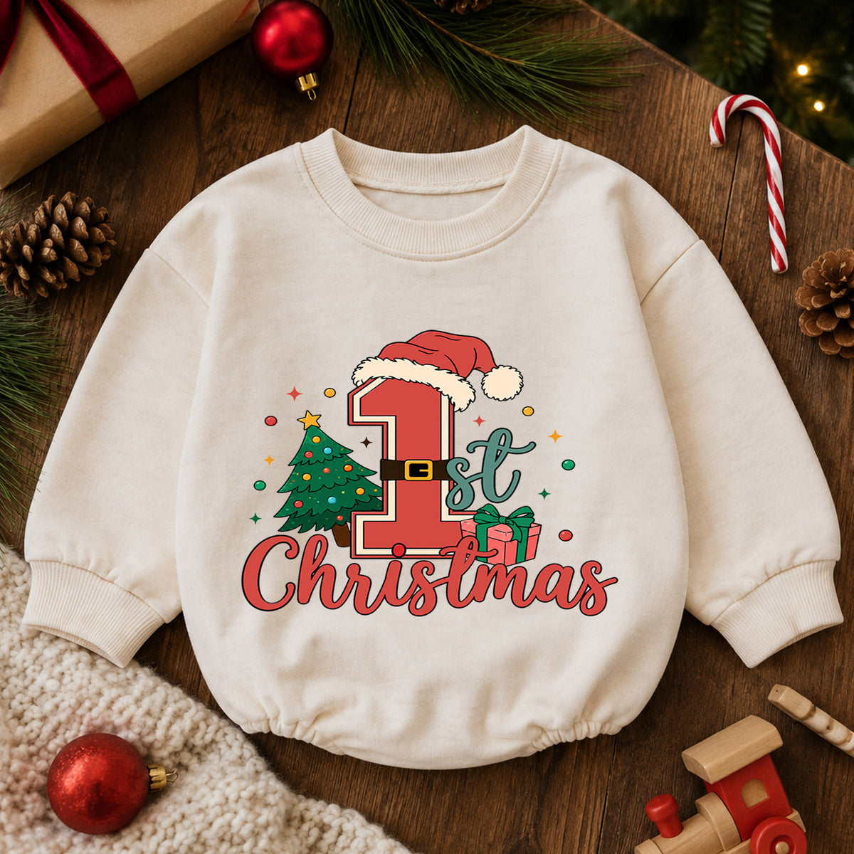 1st Christmas Santa Number One Baby Romper, Baby First Christmas Outfit, Christmas Tree Holiday Romper, Xmas Gift — product view 6