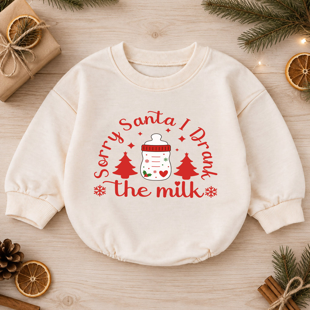 Sorry Santa I Drank the Milk Baby Romper, Baby Bottle Holiday Romper, Funny Christmas Eve Outfit, Toddler Xmas Gift — product view 1