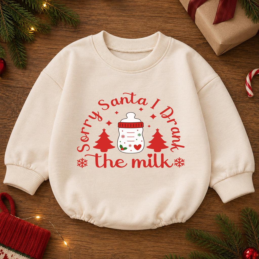 Sorry Santa I Drank the Milk Baby Romper, Baby Bottle Holiday Romper, Funny Christmas Eve Outfit, Toddler Xmas Gift — product view 2