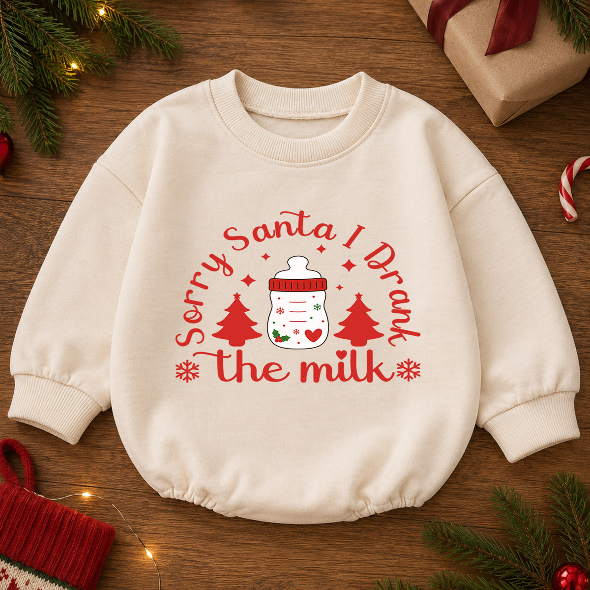 Sorry Santa I Drank the Milk Baby Romper, Baby Bottle Holiday Romper, Funny Christmas Eve Outfit, Toddler Xmas Gift — product view 2