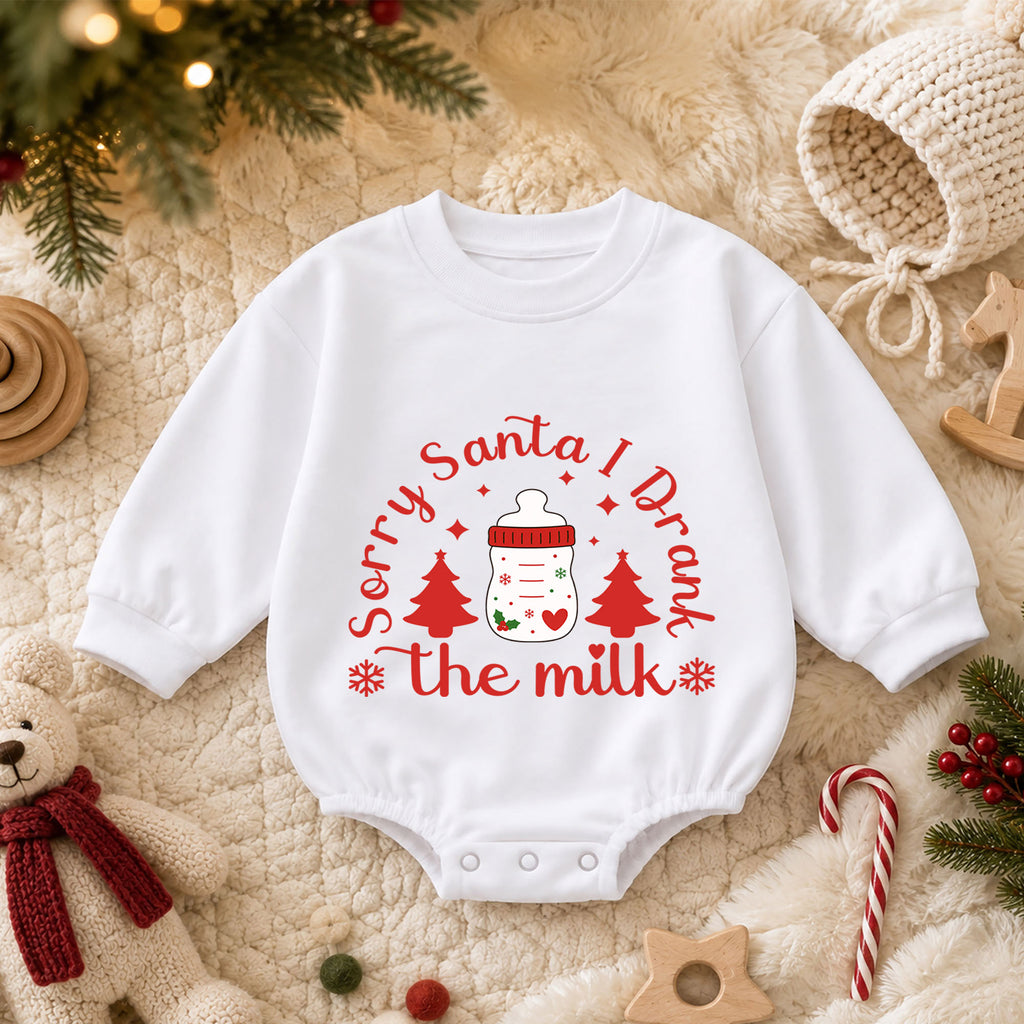 Sorry Santa I Drank the Milk Baby Romper, Baby Bottle Holiday Romper, Funny Christmas Eve Outfit, Toddler Xmas Gift — product view 3