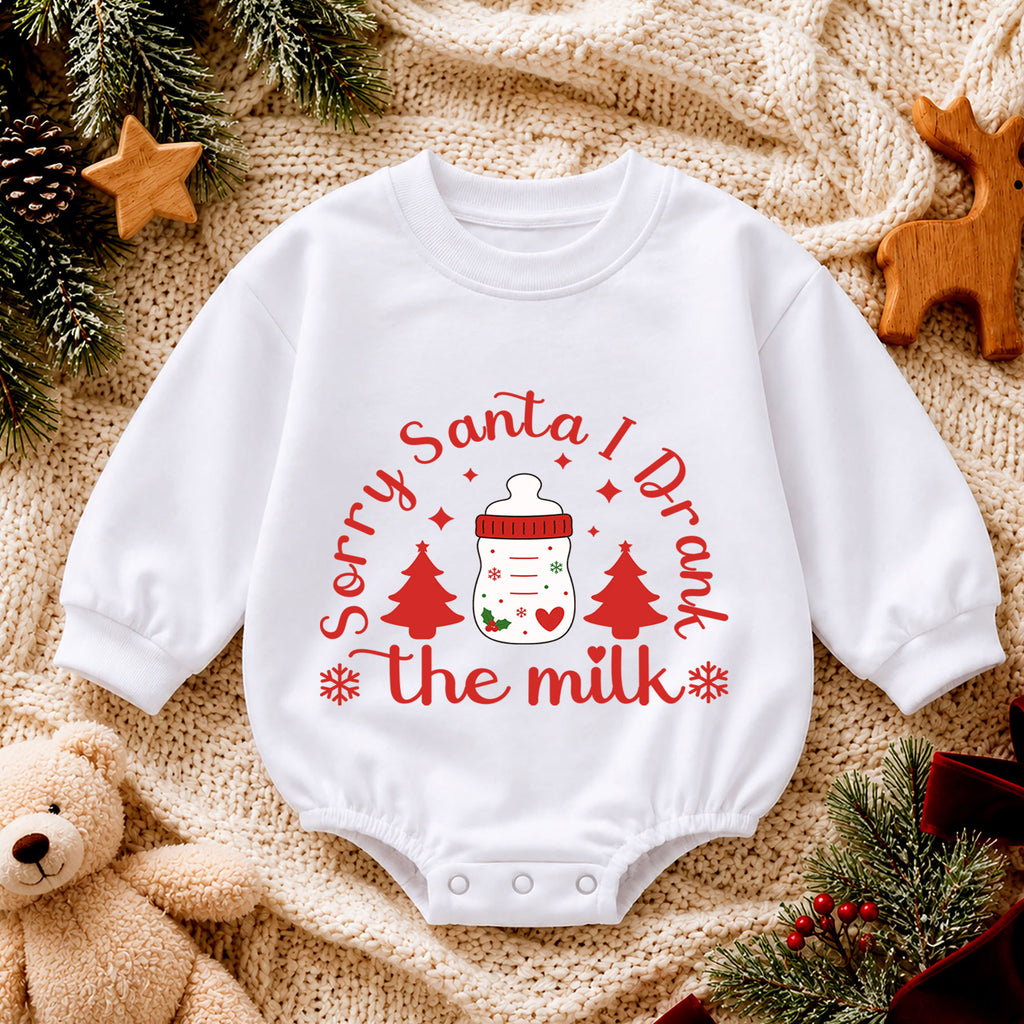 Sorry Santa I Drank the Milk Baby Romper, Baby Bottle Holiday Romper, Funny Christmas Eve Outfit, Toddler Xmas Gift — product view 4