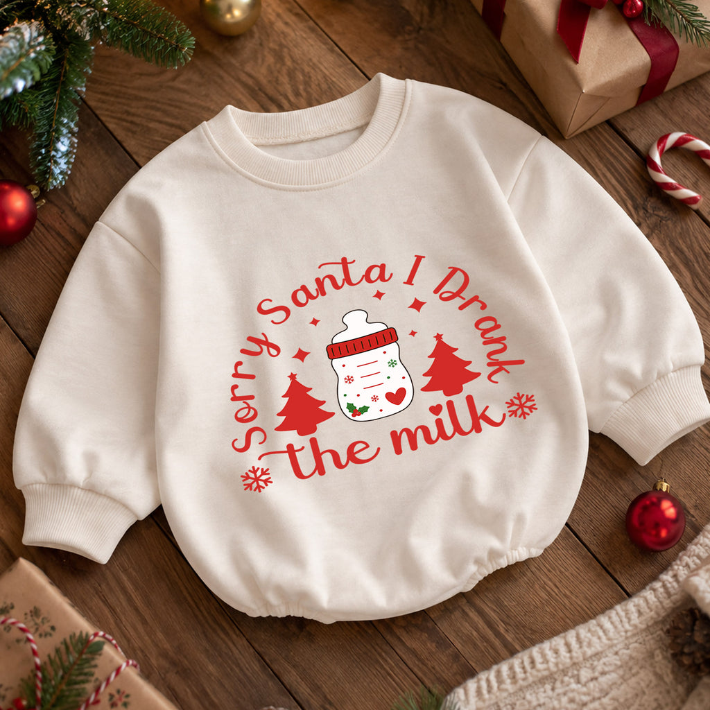 Sorry Santa I Drank the Milk Baby Romper, Baby Bottle Holiday Romper, Funny Christmas Eve Outfit, Toddler Xmas Gift — product view 5