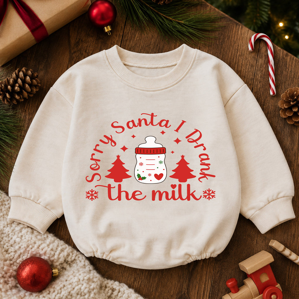 Sorry Santa I Drank the Milk Baby Romper, Baby Bottle Holiday Romper, Funny Christmas Eve Outfit, Toddler Xmas Gift — product view 6