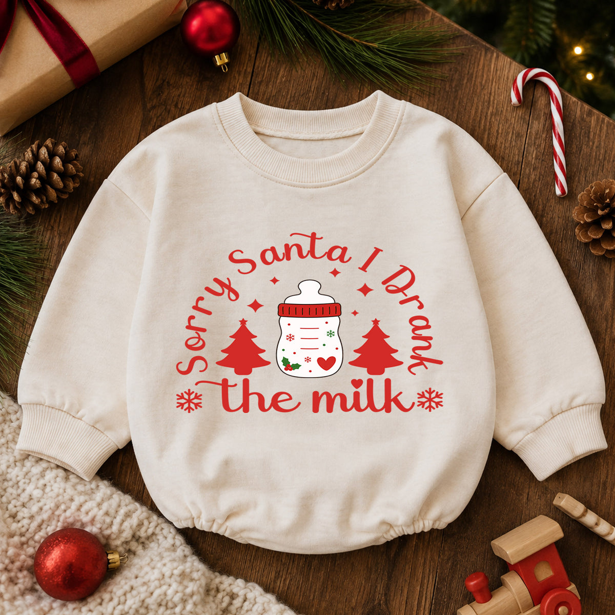 Sorry Santa I Drank the Milk Baby Romper, Baby Bottle Holiday Romper, Funny Christmas Eve Outfit, Toddler Xmas Gift — product view 6