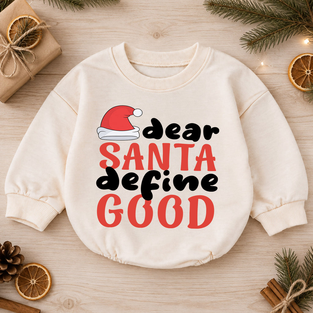 Dear Santa Define Good Baby Romper, Funny Christmas Romper, Toddler Holiday Outfit, Santa Christmas Gift for Baby — product view 1