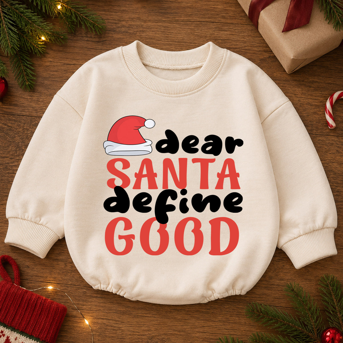 Dear Santa Define Good Baby Romper, Funny Christmas Romper, Toddler Holiday Outfit, Santa Christmas Gift for Baby — product view 2