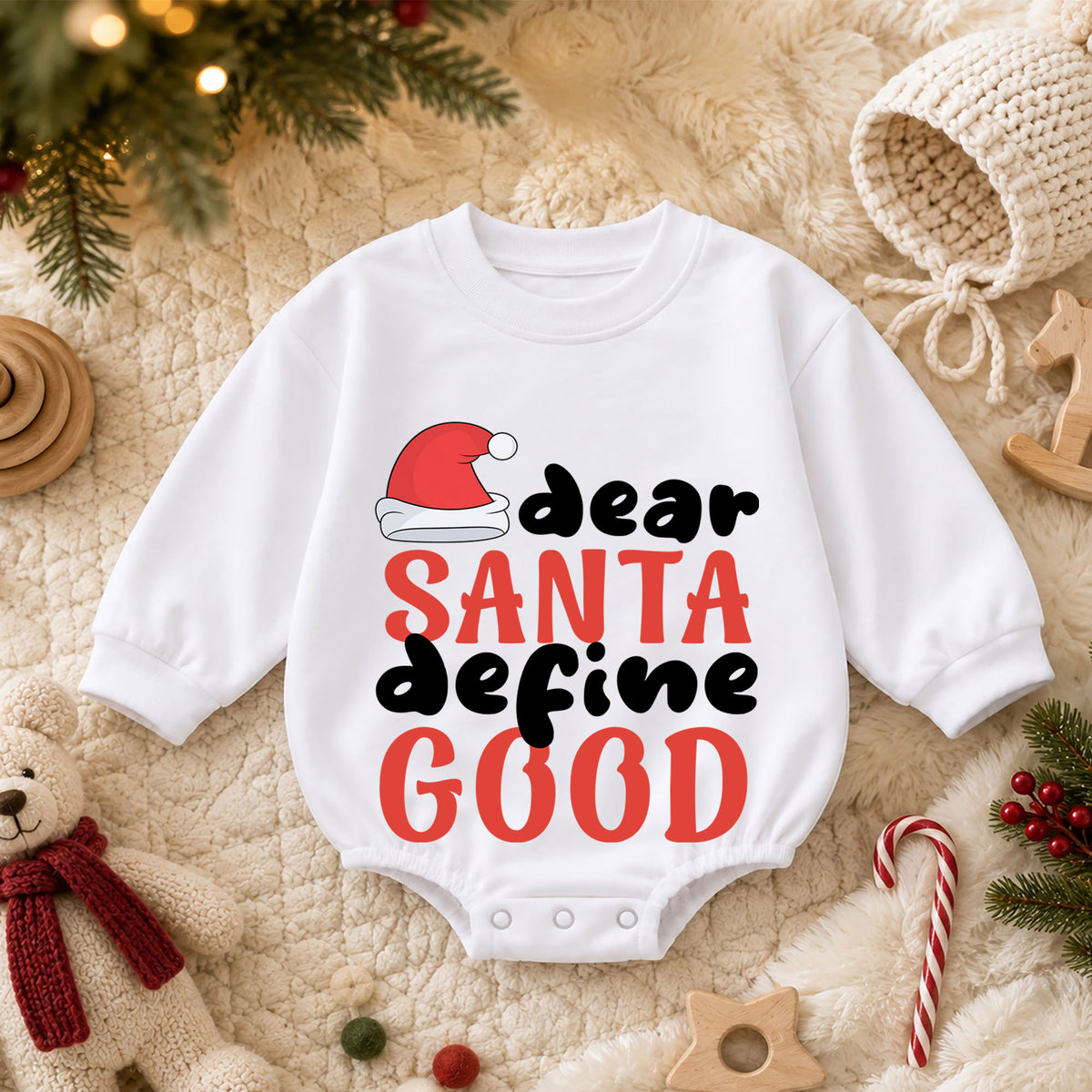 Dear Santa Define Good Baby Romper, Funny Christmas Romper, Toddler Holiday Outfit, Santa Christmas Gift for Baby — product view 3