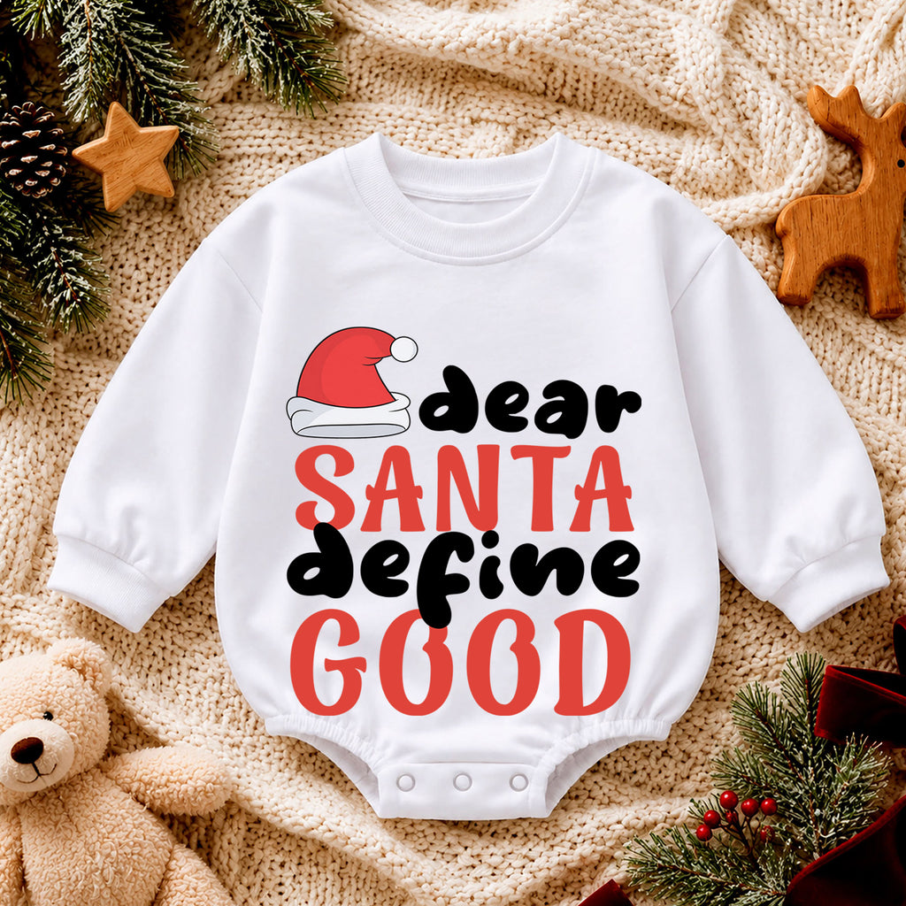 Dear Santa Define Good Baby Romper, Funny Christmas Romper, Toddler Holiday Outfit, Santa Christmas Gift for Baby — product view 4