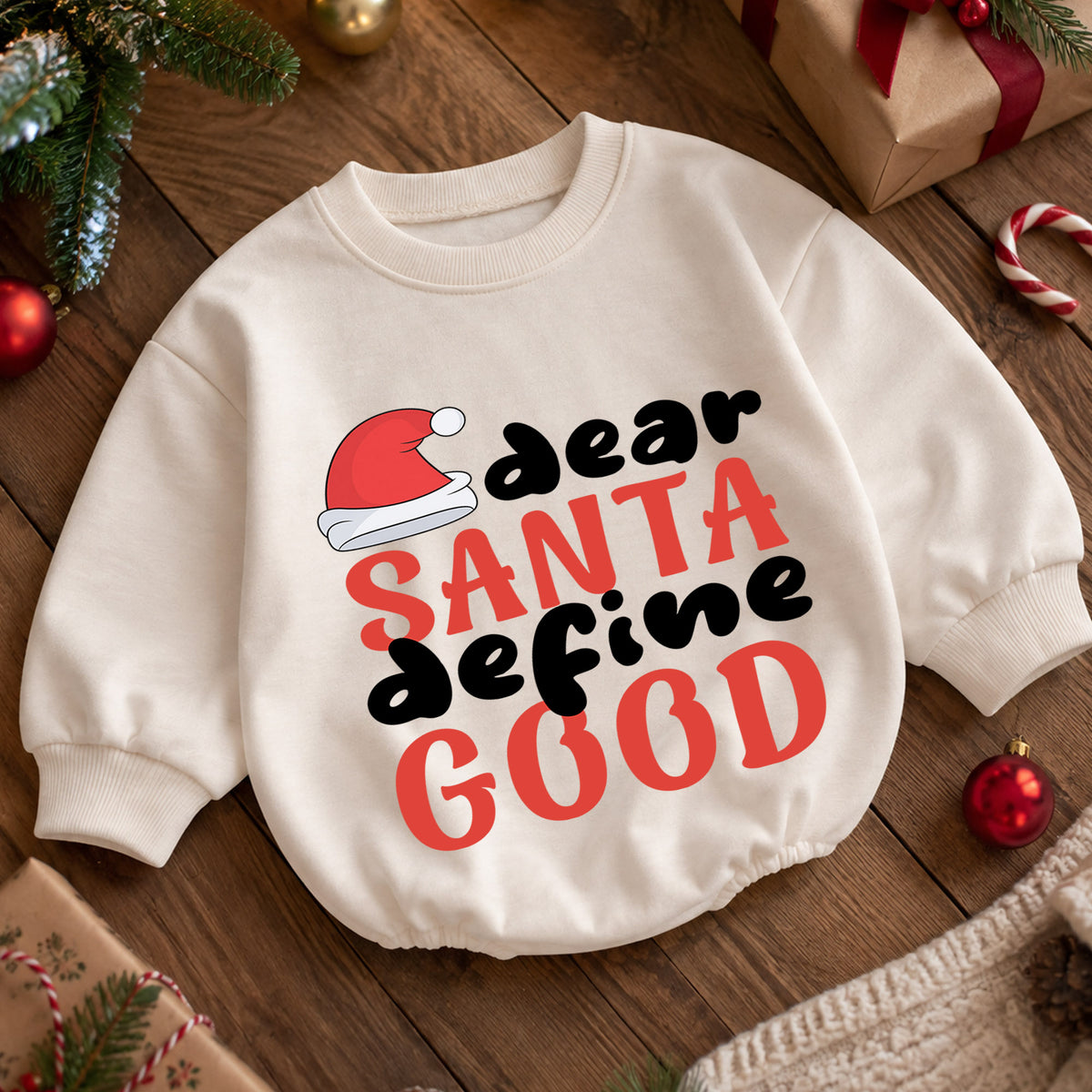 Dear Santa Define Good Baby Romper, Funny Christmas Romper, Toddler Holiday Outfit, Santa Christmas Gift for Baby — product view 5
