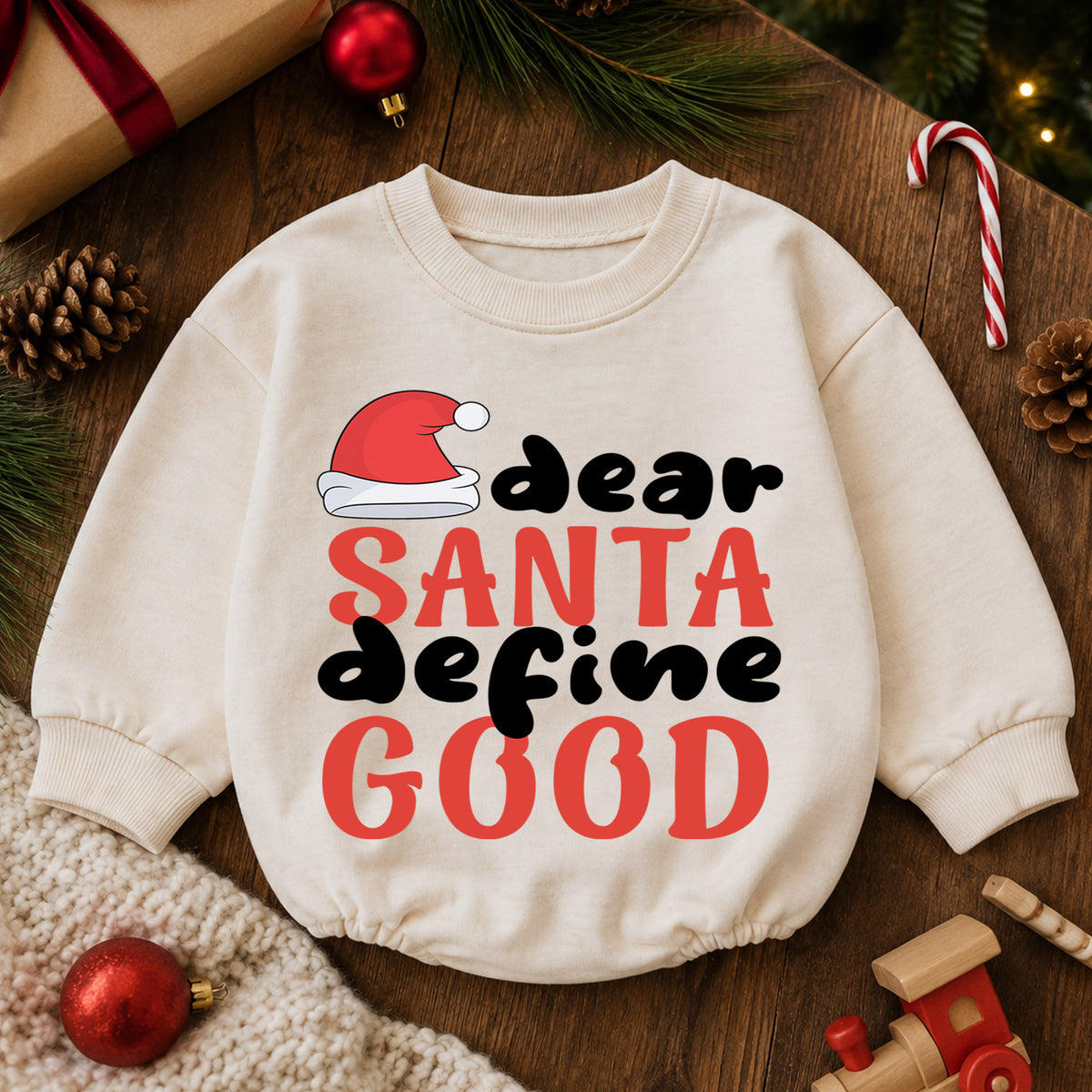 Dear Santa Define Good Baby Romper, Funny Christmas Romper, Toddler Holiday Outfit, Santa Christmas Gift for Baby — product view 6