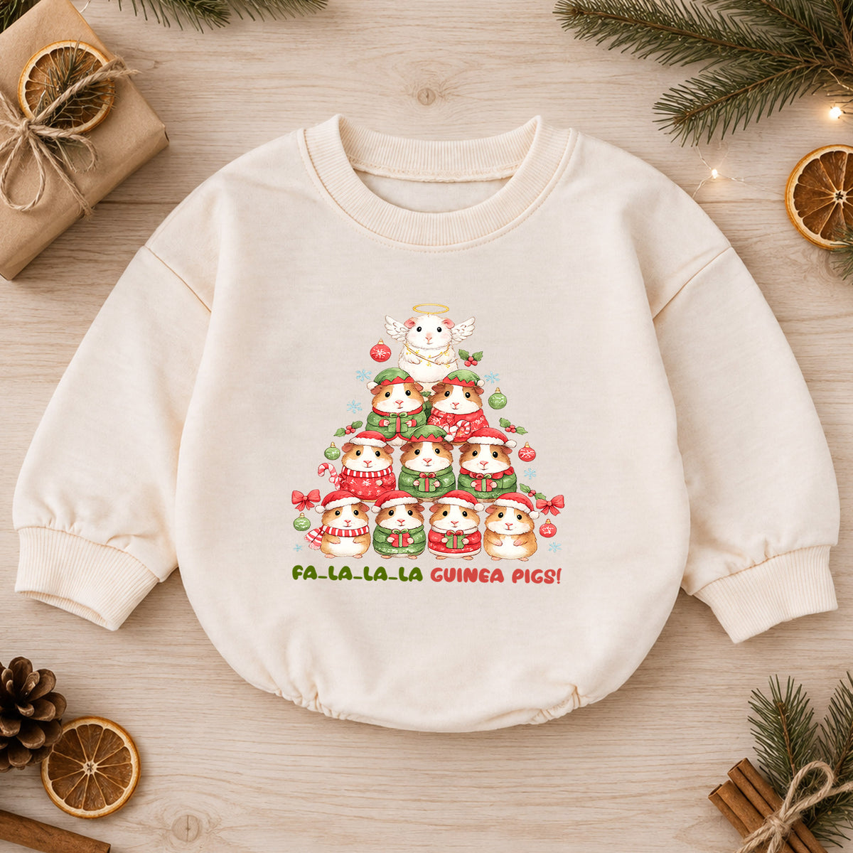 Fa La La Guinea Pigs Baby Romper, Cute Guinea Pig Christmas Romper, Pet Lover Holiday Outfit, Baby Xmas Gift — product view 1