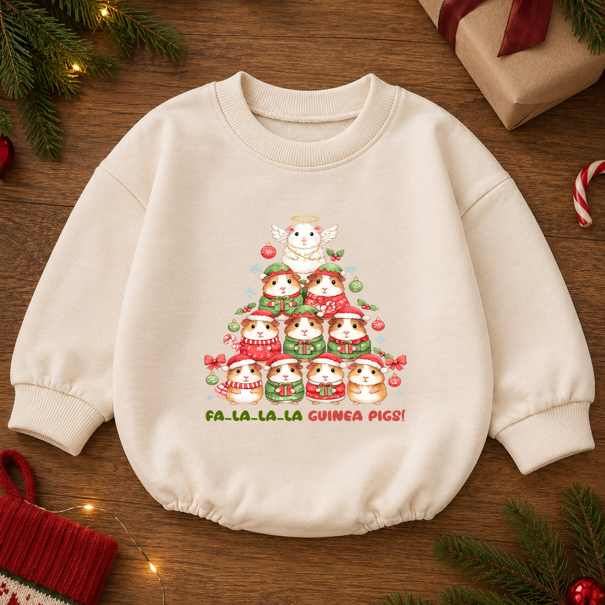 Fa La La Guinea Pigs Baby Romper, Cute Guinea Pig Christmas Romper, Pet Lover Holiday Outfit, Baby Xmas Gift — product view 2
