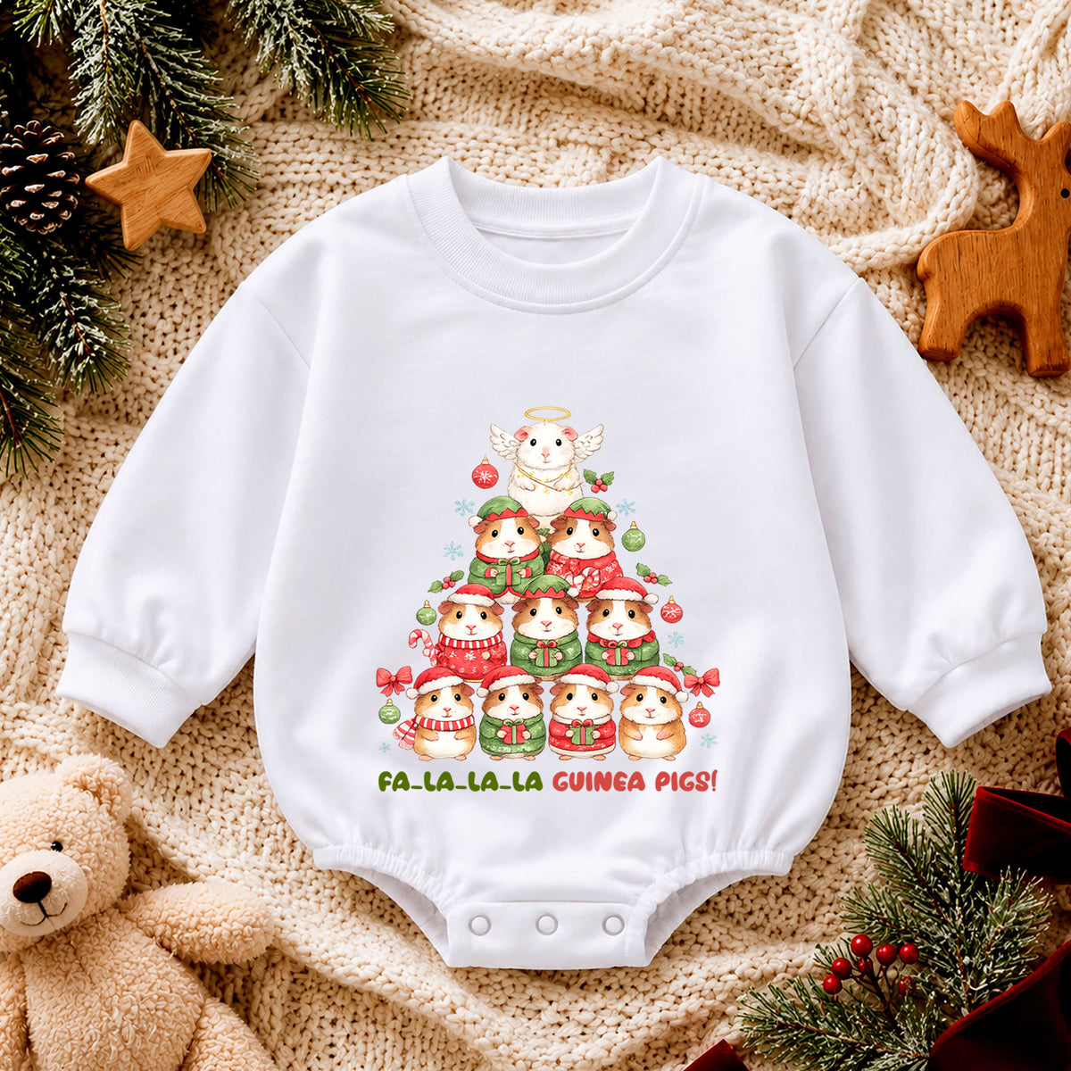Fa La La Guinea Pigs Baby Romper, Cute Guinea Pig Christmas Romper, Pet Lover Holiday Outfit, Baby Xmas Gift — product view 4