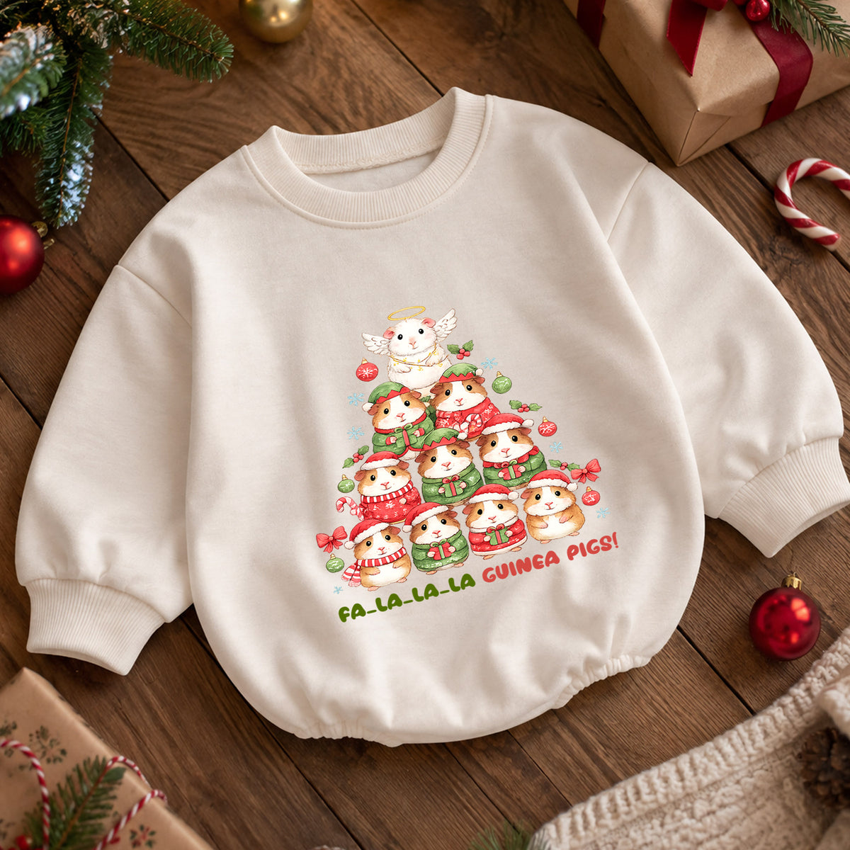 Fa La La Guinea Pigs Baby Romper, Cute Guinea Pig Christmas Romper, Pet Lover Holiday Outfit, Baby Xmas Gift — product view 5