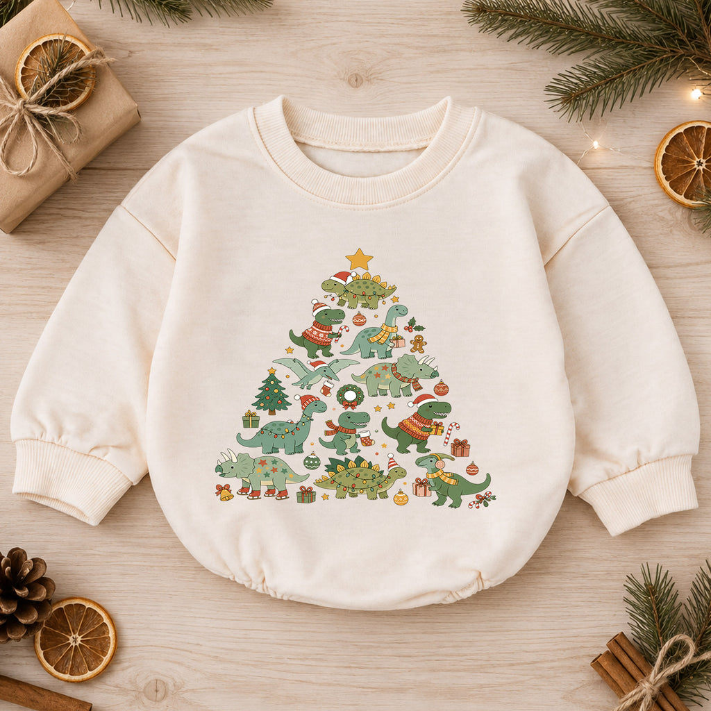 Dinosaur Christmas Tree Baby Romper, Cute Dino Holiday Romper, Toddler Christmas Outfit, Dinosaur Xmas Gift for Baby — product view 1